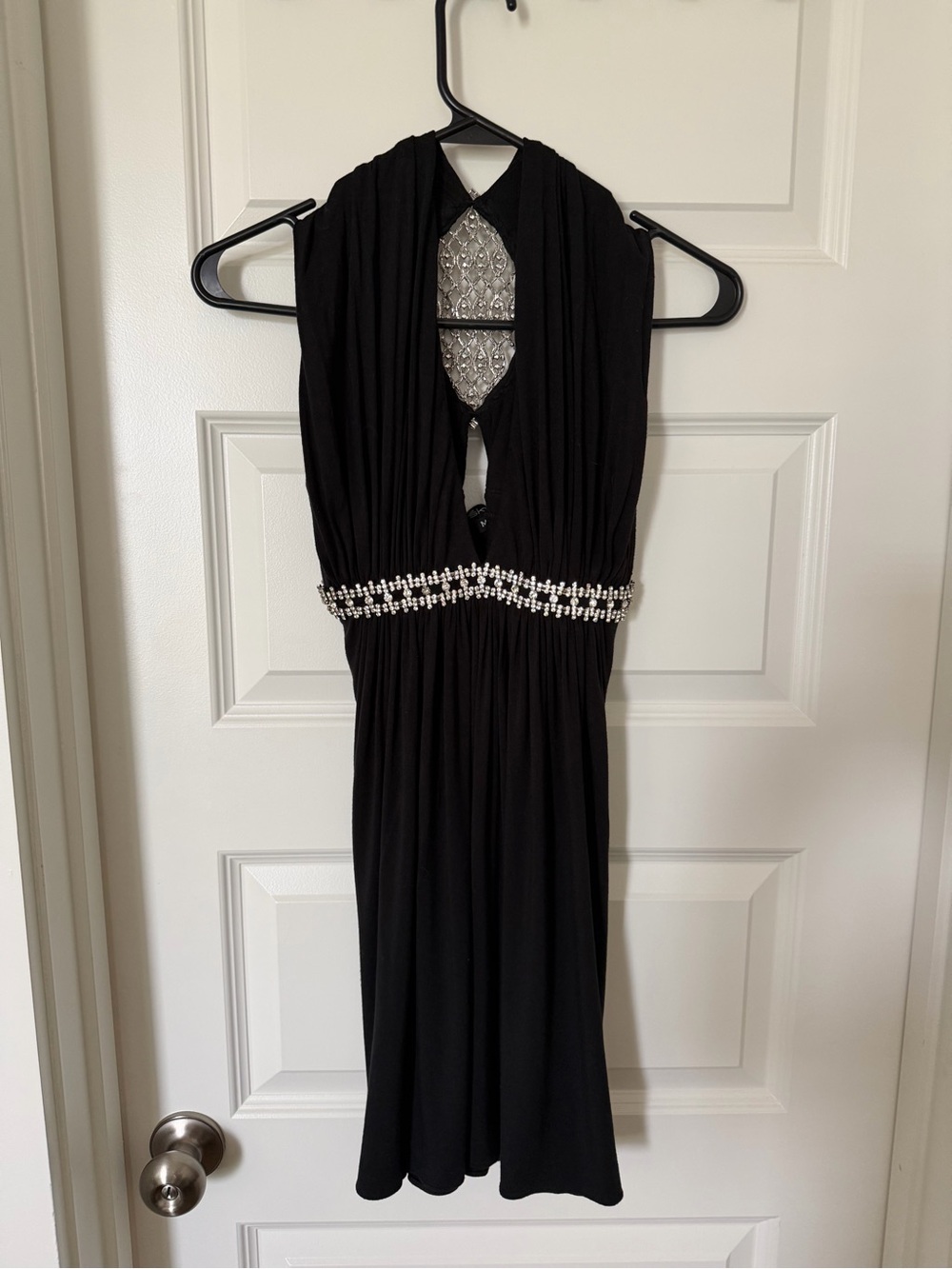 Sky Black Backless Cocktail Dress with Silver Rhinestone Waistband